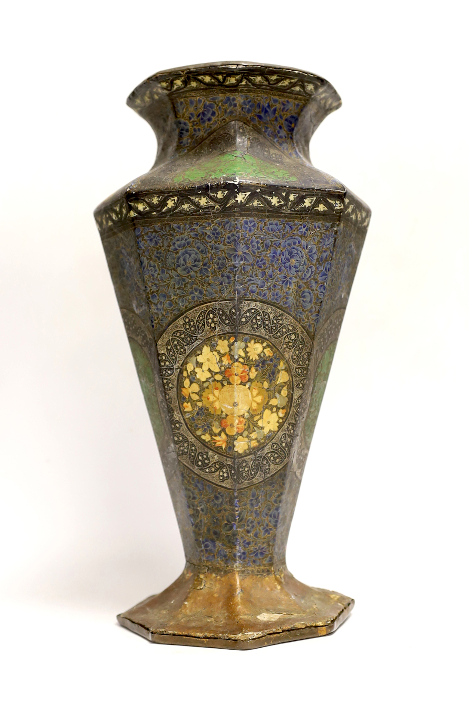 A 19th century Persian flower-painted papier mache and brass vase, 32cm high